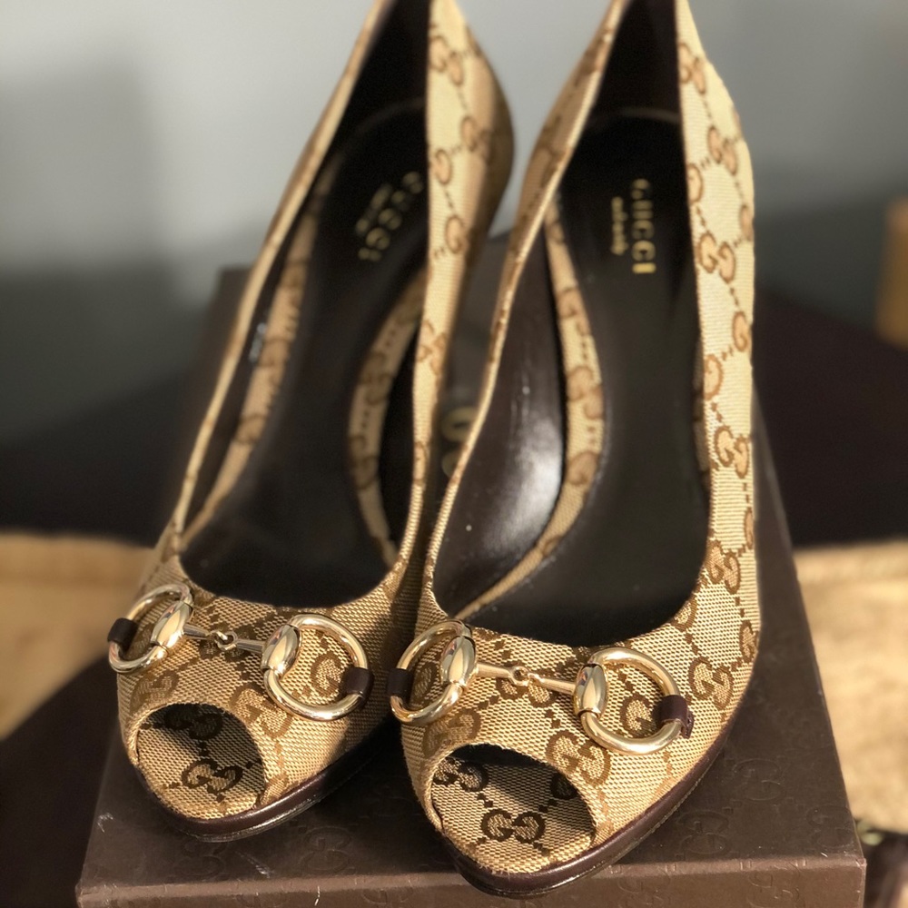 New Gucci Fabric Open-Toe 3.5” Heels Horse Bit Blk